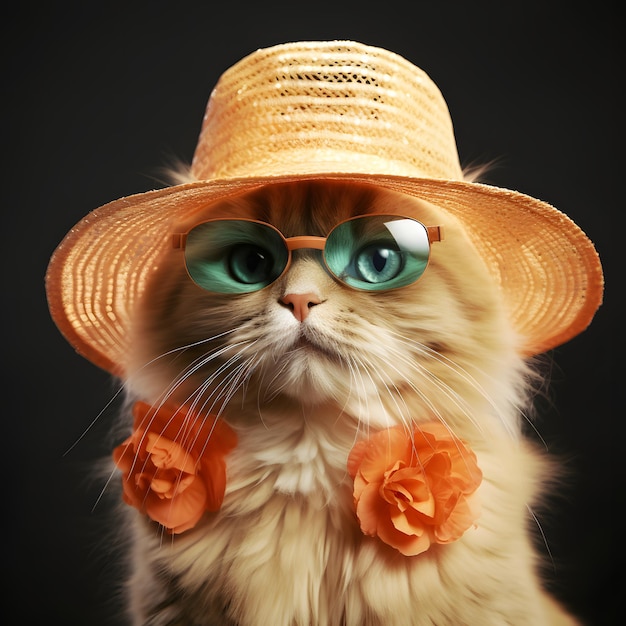 Portrait a beautiful cat in black sunglasses and a straw hat Amazing cutie cat wearing colorful hat