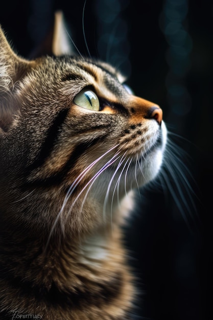 Portrait of a beautiful cat in closeup Macro photography on dark background Generative AI