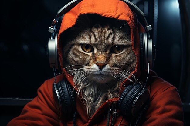 Photo portrait of a beautiful cat in a hoodie with headphones