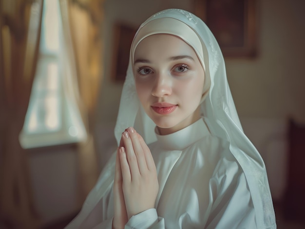 Photo portrait of a beautiful caucasian nun in white habit praying in the church