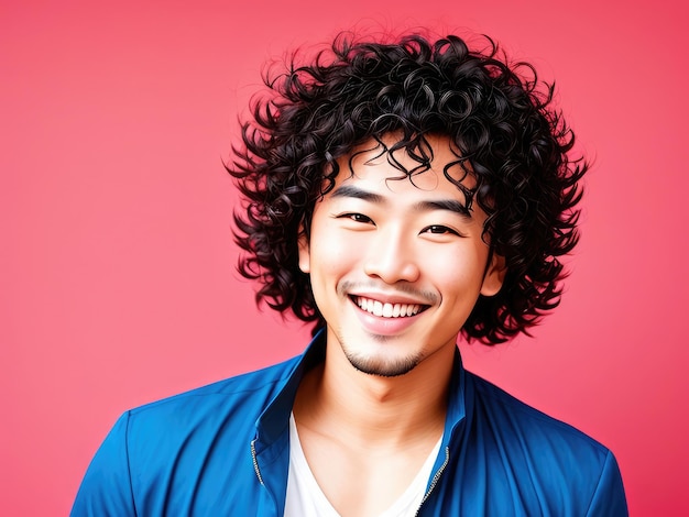 Photo portrait of beautiful cheerful asian man with flying curly hair smiling laughing on color background