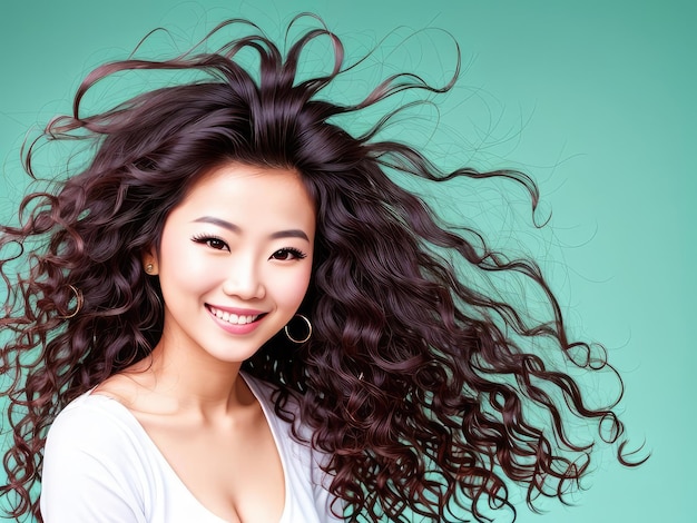곱슬머리를 날리며 배경색으로 웃으며 웃고 있는 아름다운 명랑한 아시아 여성의 초상화