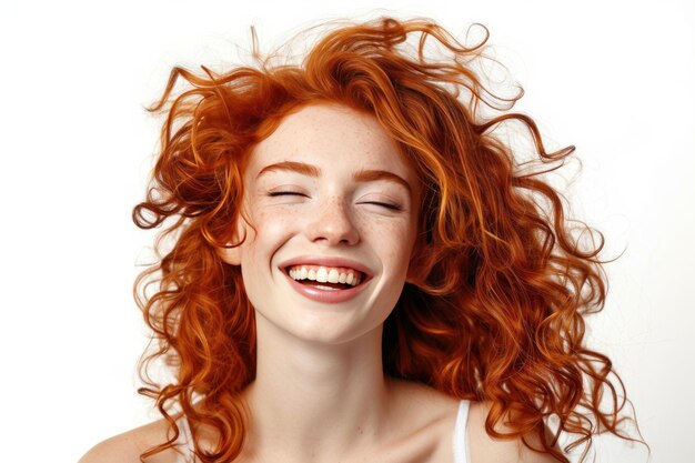 Photo portrait of beautiful cheerful redhead girl with flying curly hair smiling laughing looking at camer