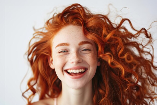 Photo portrait of beautiful cheerful redhead girl with flying curly hair smiling laughing looking at camer