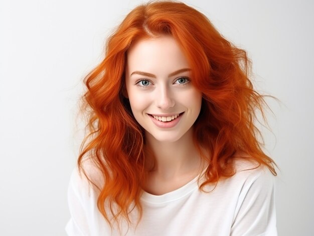 Photo portrait of beautiful cheerful redhead girl with flying curly hair smiling laughing looking at camera over white background