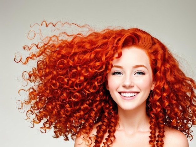 흰 배경에 웃고 있는 날아다니는 곱슬머리를 가진 아름다운 명랑한 빨간 머리 여성의 초상화