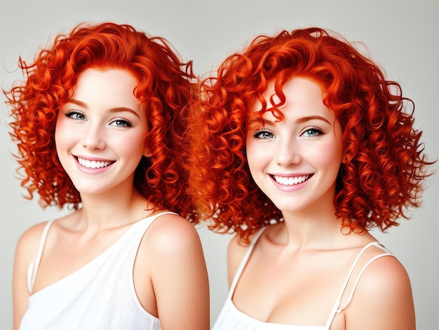 Portrait of beautiful cheerful redhead woman with flying curly hair smiling laughing on white background