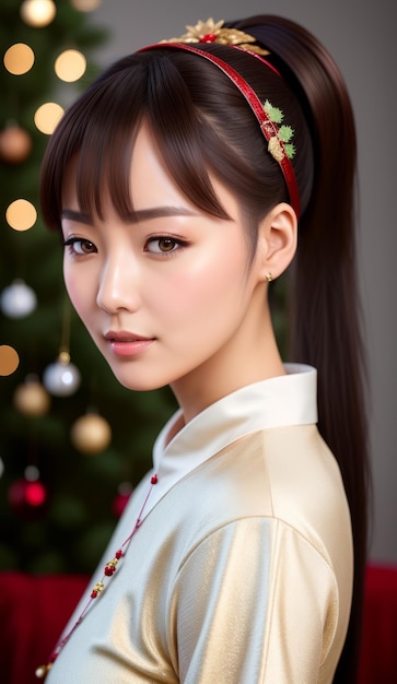 Portrait of a beautiful China woman with a New Year's headwear with Christmas