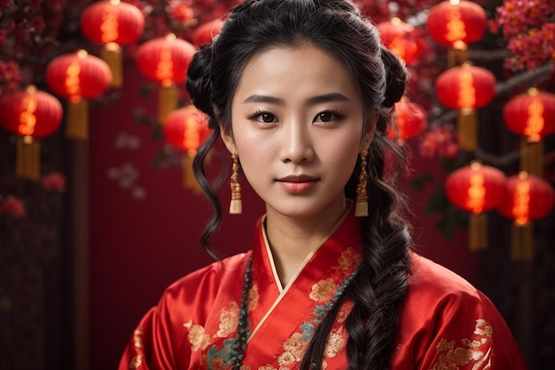 Portrait of a beautiful Chinese woman in traditional Chinese clothing Chinese New Year concept