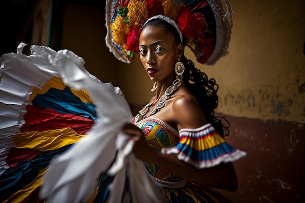 Portrait of beautiful Colombian woman wearing colorful headdress and skirt Colombian carnaval