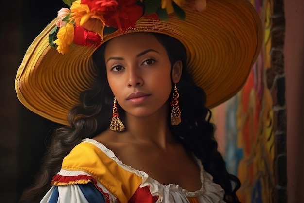 花と民族衣装の帽子をかぶった美しいコロンビアの女性の肖像画