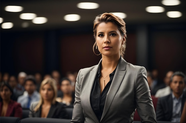 Portrait of beautiful confident businesswoman standing in front of conference hall Business people in meeting room