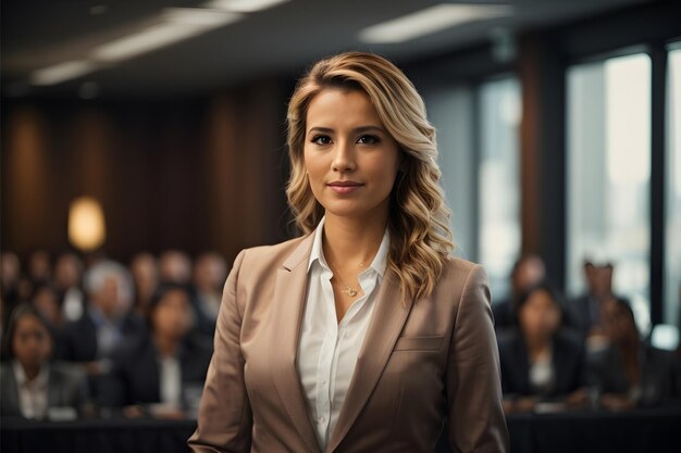 Portrait of beautiful confident businesswoman standing in front of conference hall Business people in meeting room