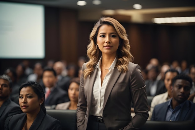 Portrait of beautiful confident businesswoman standing in front of conference hall Business people in meeting room