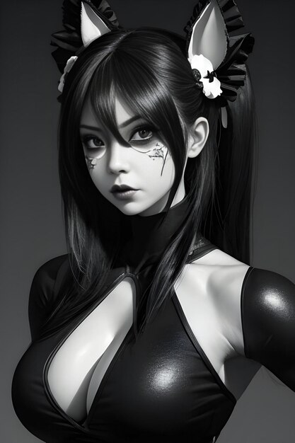 Portrait of a beautiful cosplay girl Black and white photo