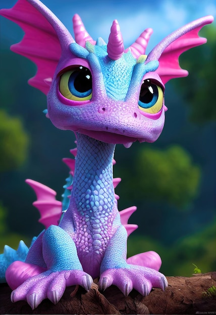 Photo portrait of a beautiful cute cartoon dragon image of a pink dragon