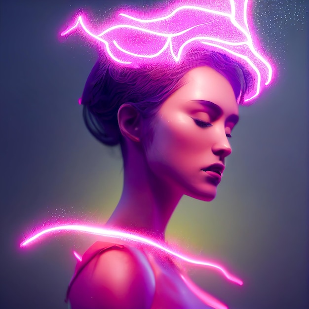 Portrait of beautiful cute girl in neon glow