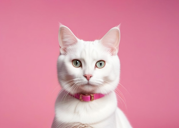 Portrait of beautiful cute white cat with a wagon collar on a pastel pink background