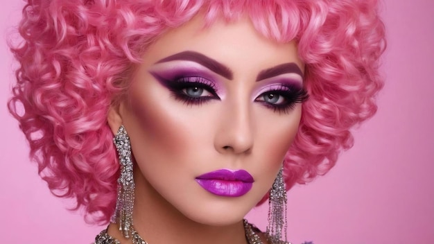 Portrait of beautiful drag person wearing makeup and wig