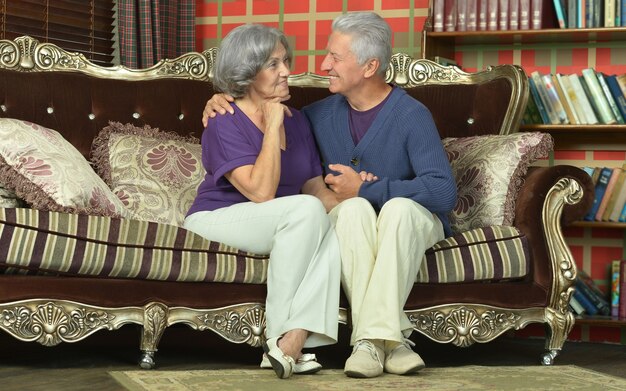 Portrait of beautiful elderly couple on sofa