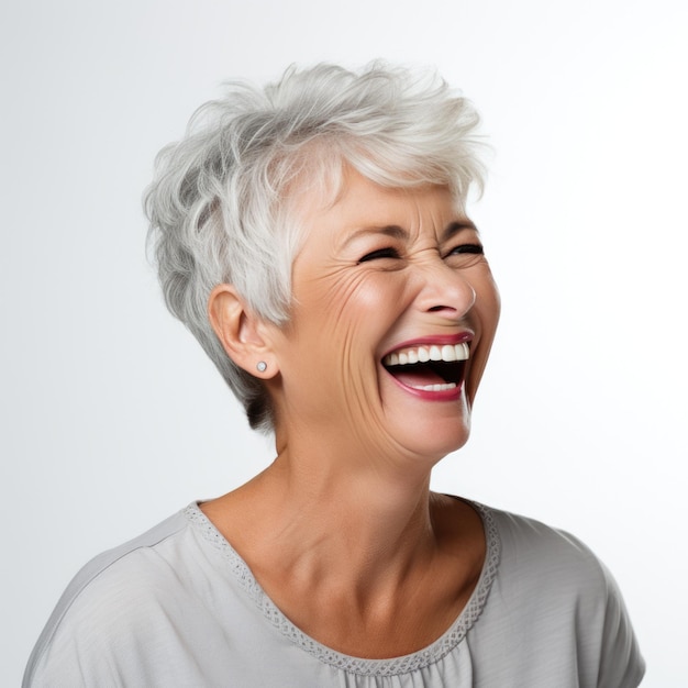 portrait of a beautiful elderly senior model woman with short grey hair generative ai