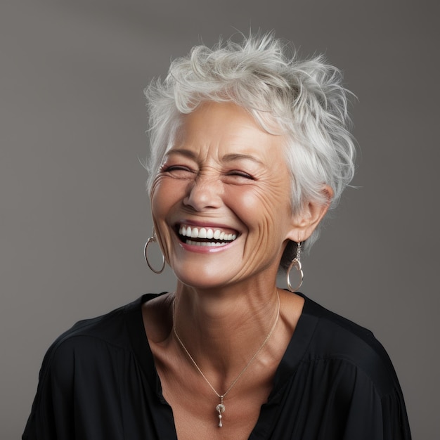 portrait of a beautiful elderly senior model woman with short grey hair generative ai