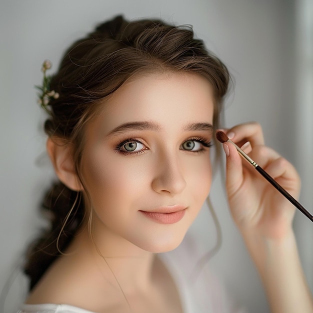 Photo portrait of beautiful european girl doing makeup