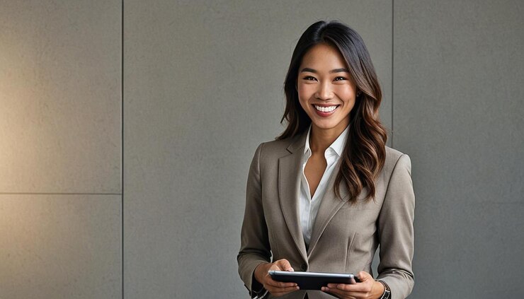 Photo portrait of a beautiful executive girl holding tablet on an isolated background