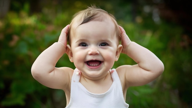 Portrait of a beautiful expressive laughing baby holds head up