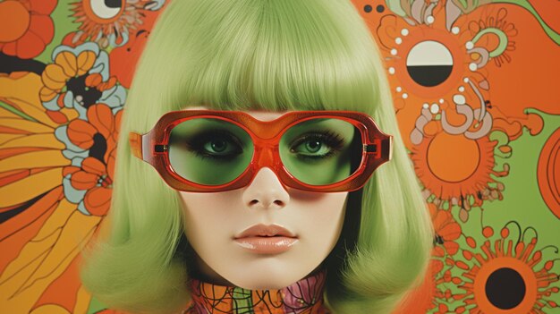 Portrait of a beautiful fashion model with green hair and red glasses