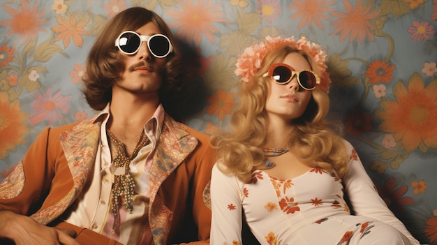 Photo portrait of a beautiful fashionable hippie couple in sunglasses studio shot