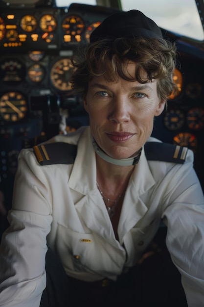 Портрет красивой женщины-пилота самолета в кабине пилота, глядящей прямо в камеру