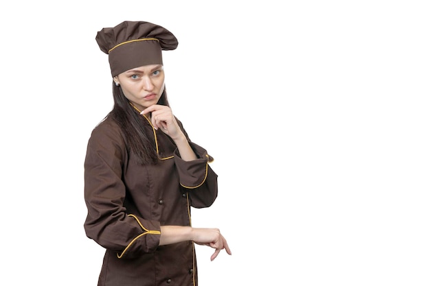 Portrait of a beautiful female chef in a brown apron isolated on white background