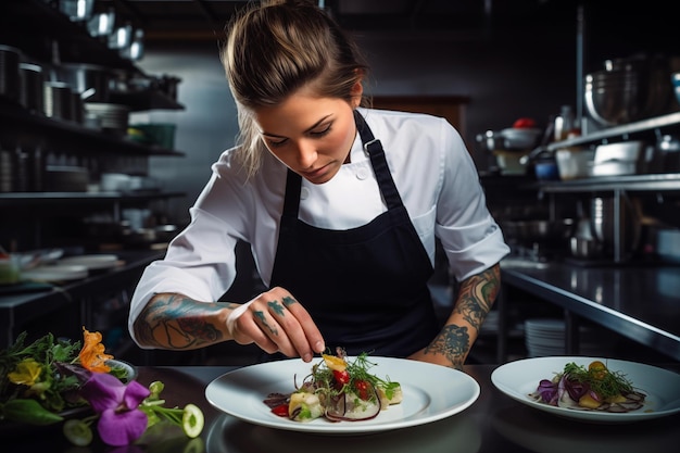 portrait of beautiful female chef preparing vegetable salad in kitchen at restaurant