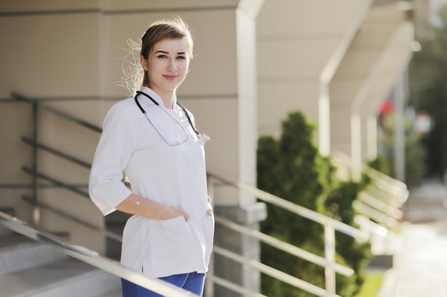 Photo portrait of a beautiful female doctor or nurse.