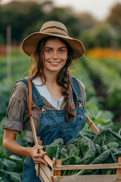 Photo portrait of beautiful female gardener carrying crate