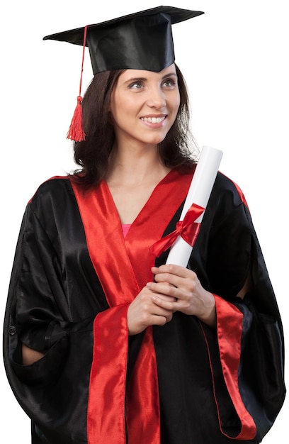 Portrait of beautiful female graduation student holding paper on a white background