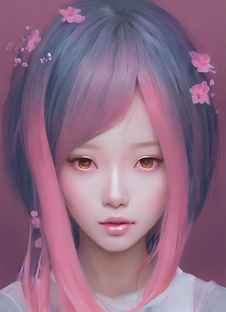 Portrait of beautiful female k-pop idol pastel pink hair