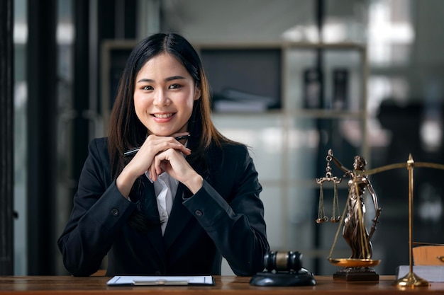 Photo portrait of beautiful female lawyer sitting at desk smiling at camera
