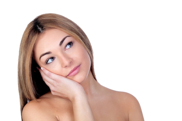 Portrait of beautiful female model on white background