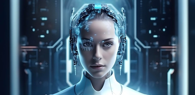 Portrait of beautiful female robot with artificial intelligence