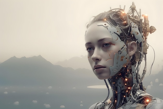 Portrait of beautiful female robot with artificial intelligence