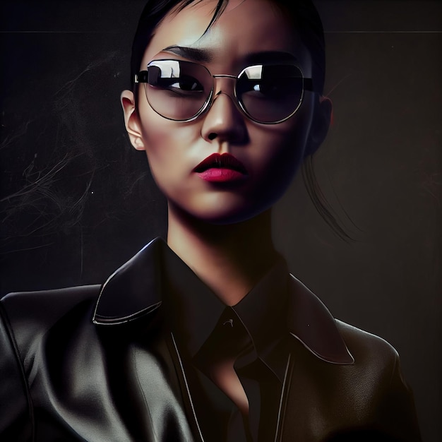 Portrait of a beautiful female secret agent in a black leather jacket A woman as a secret agent