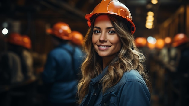 Portrait of beautiful female worker in safety helmet and safety vest posing at construction sitegenerative ai