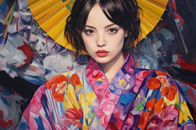 Foto ritratto di una bellissima geisha in kimono