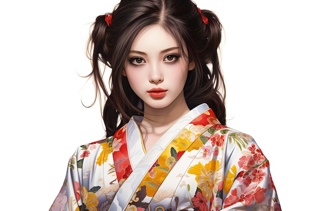 Portrait of a beautiful geisha in kimono on a white background