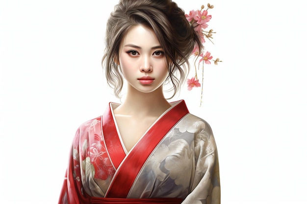 Portrait of a beautiful geisha in a red kimono