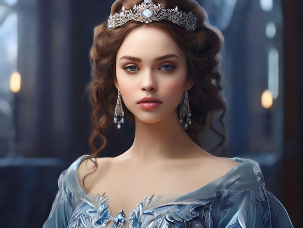 Portrait of a beautiful girl in a blue dress and a crown