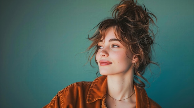 Portrait of a beautiful girl in a brown jacket on a blue background