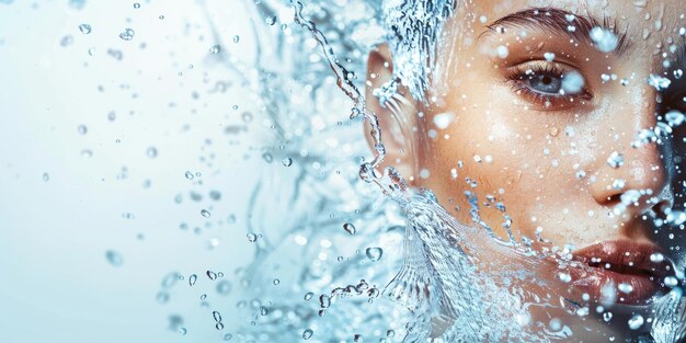 Photo portrait of a beautiful girl in closeup splashes of water the concept of clean skin a banner for beauty and cosmetology